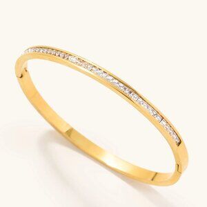 NWT 18k Gold Plated Stainless Steel Semi Eternity Cuff Hinged Lock Bangle